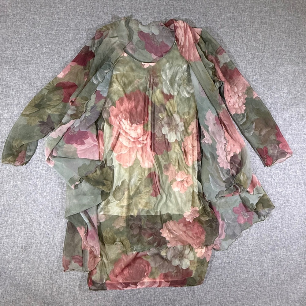 VTG Jeffrey & Dara Floral Dress Jacket Set Womens 6 Green Pink Fairycore Evening